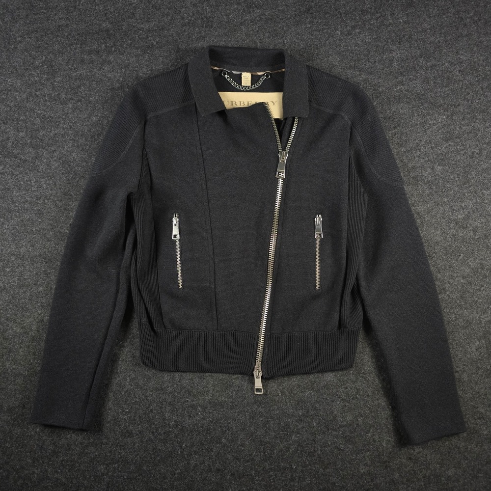 Burberry Brit Womens Black Ribbed Asymmetric Moto Full Zip Knit Jacket Size M